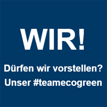 Blaue Grafik mit Begrüßung und Bezug zum ecogreen Team