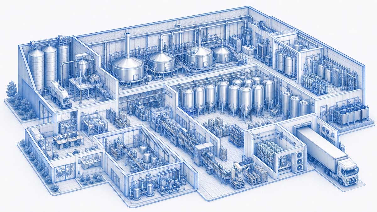 Querschnittsgrafik einer Brauerei als Beispiel für energieeffiziente Prozesse und Anlagentechnik