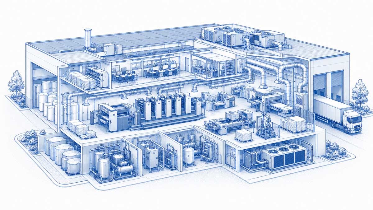 Querschnittsgrafik einer Druckerei als Beispiel für Energieeffizienz in gewerblichen Produktionsprozessen