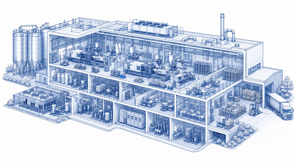Querschnittsgrafik einer Kunststoffindustrieanlage als Beispiel für förderfähige Produktionsanlagen und Energieeffizienz