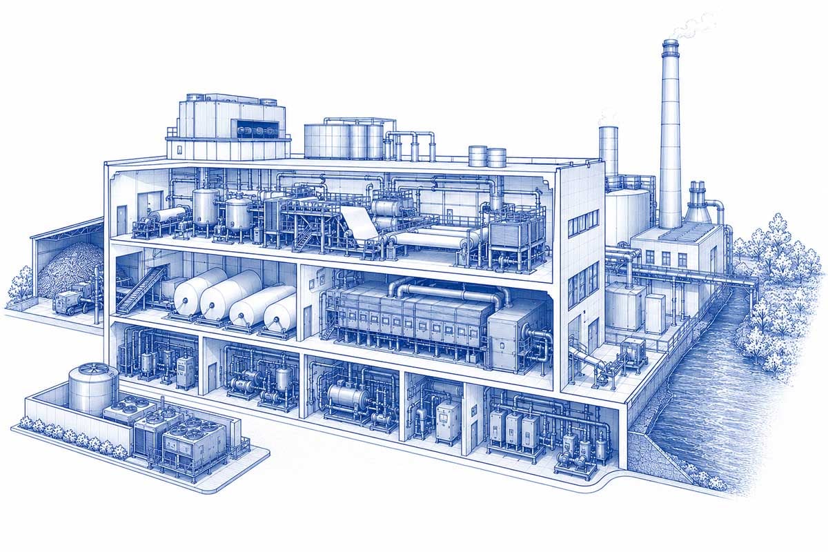Querschnittsgrafik einer Papierindustrieanlage als Beispiel für Energieeffizienz in der Produktion
