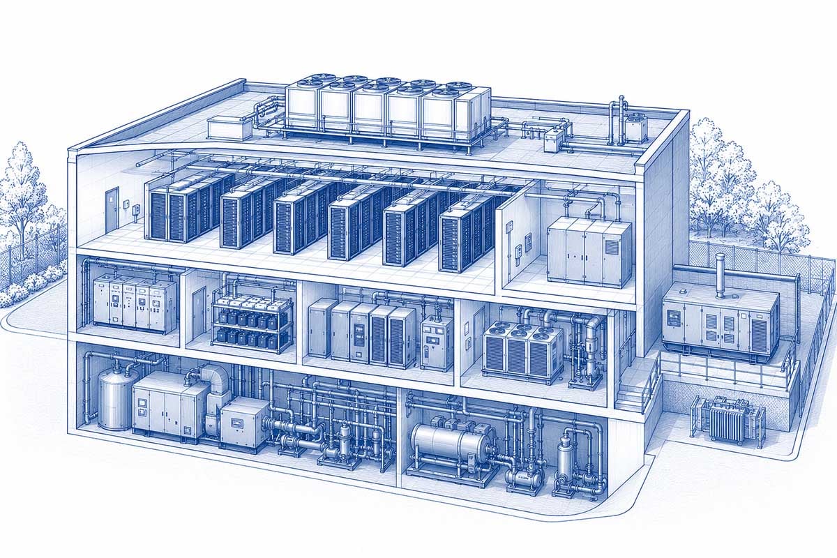 Querschnittsgrafik eines Rechenzentrums als Beispiel für energieeffiziente Kühlung und Gebäudetechnik