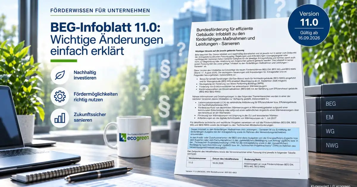 BEG-Infoblatt 11.0 mit Versionshinweis und ecogreen Förderwissen für Unternehmen.