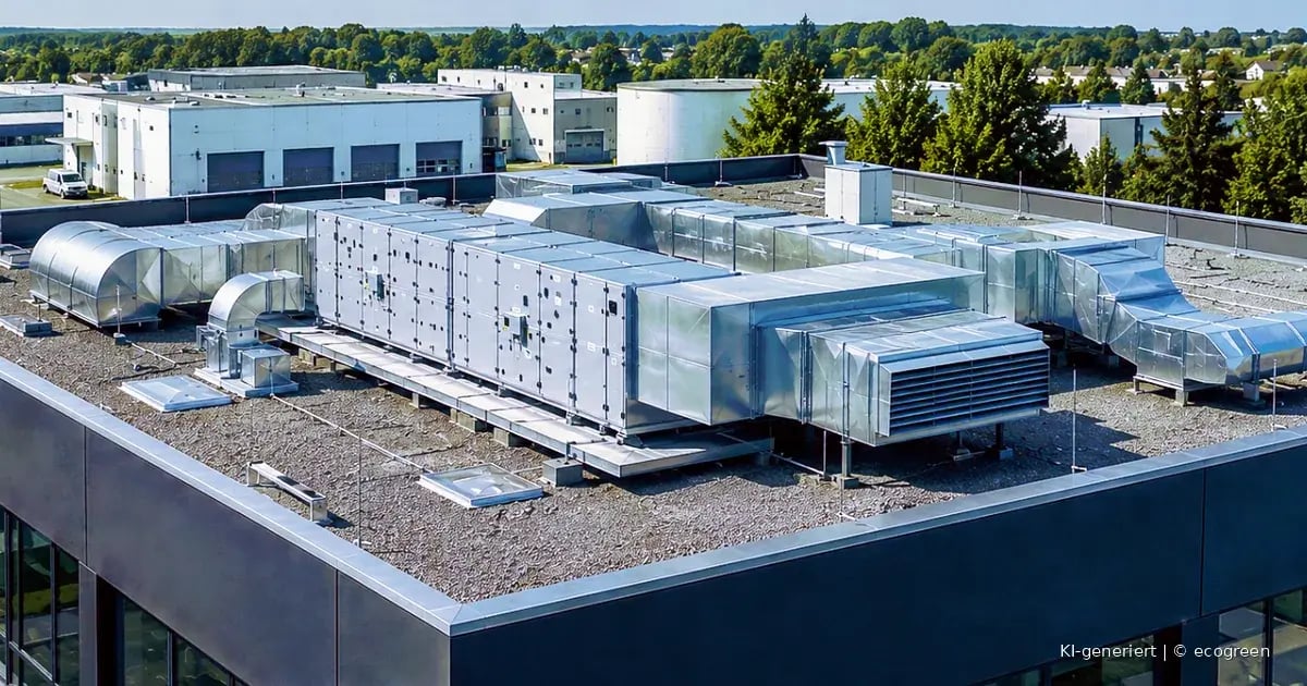 RLT-Anlage und Lüftungskanäle auf dem Dach eines Nichtwohngebäudes