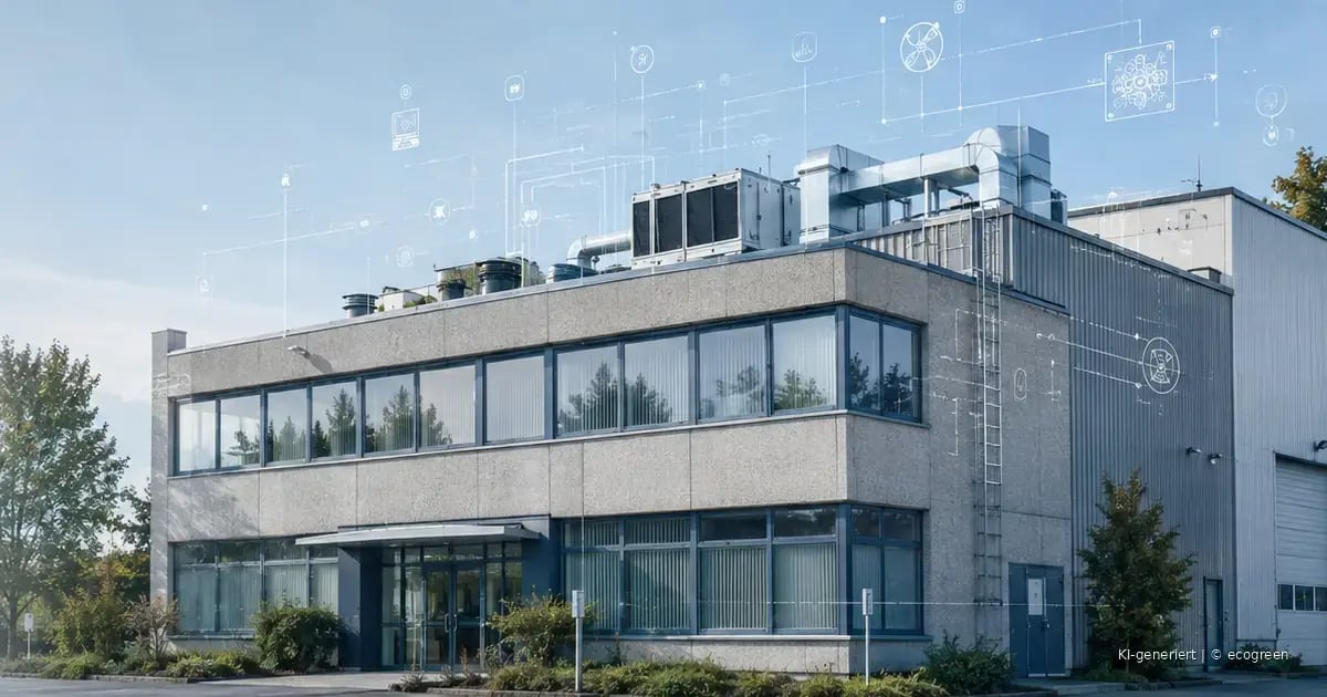 Nichtwohngebäude im Bestand mit Lüftungs- und Kühltechnik auf dem Dach