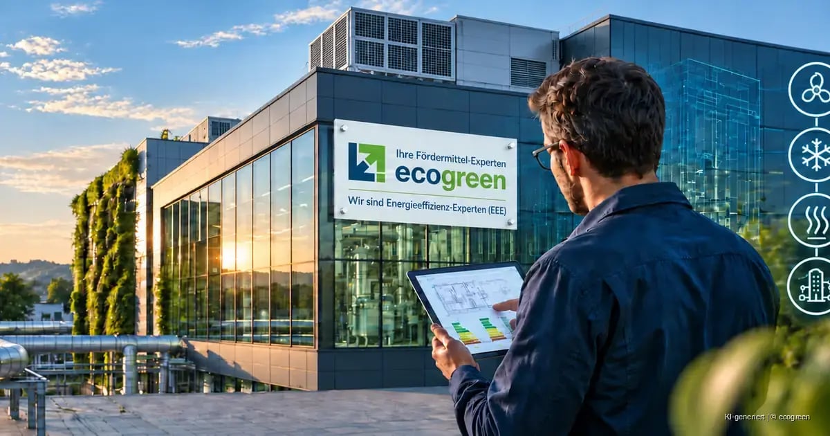 Energieeffizienz-Experte mit Tablet und ecogreen-Hinweis vor gewerblicher Gebäudetechnik